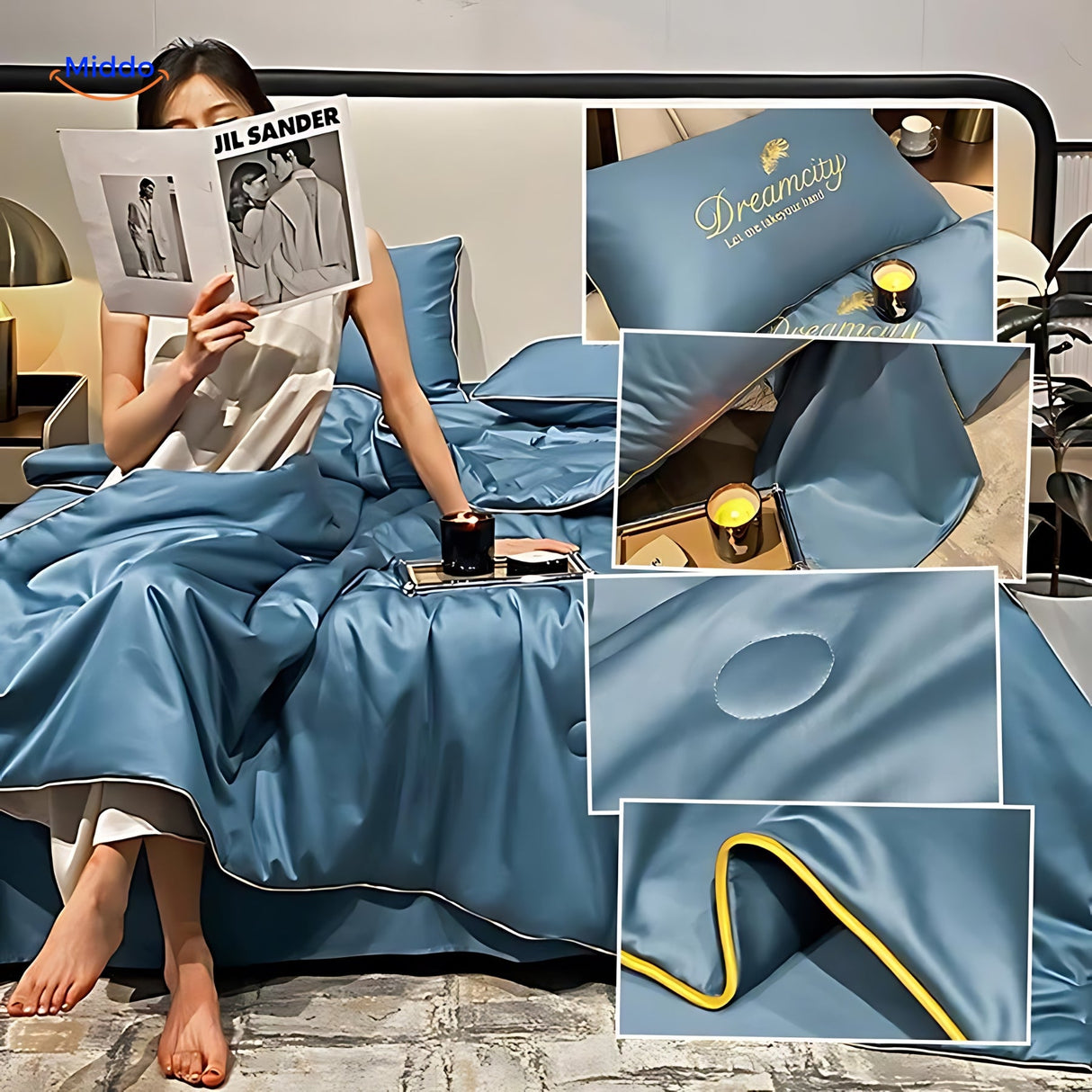 Woman using cooling blanket in bed, demonstrating comfort and hotel-quality feel.