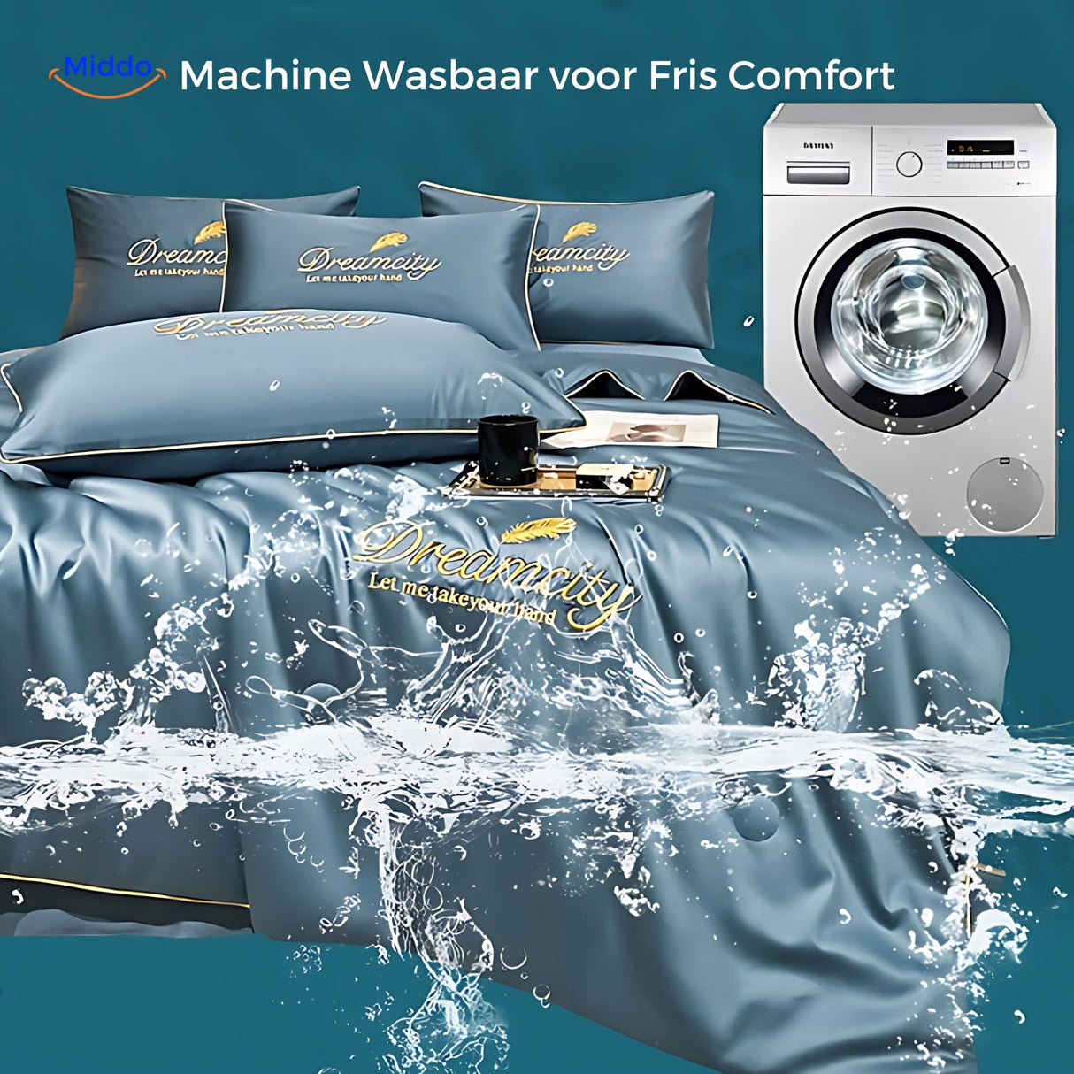 Cooling blanket in washing machine, highlighting easy care and washable design.