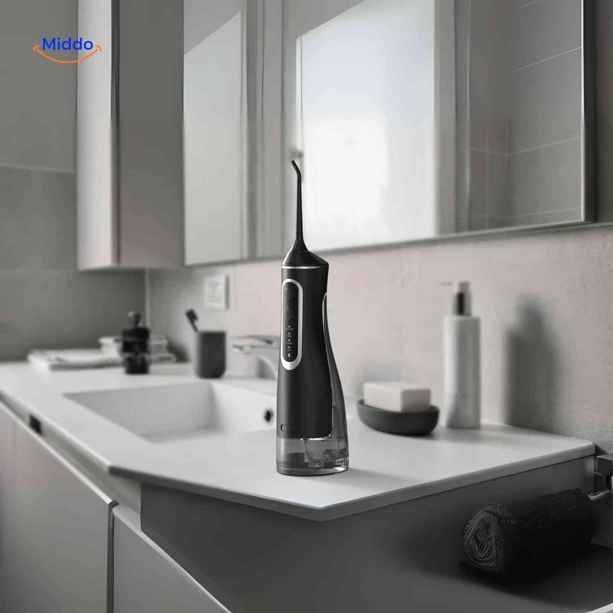 Modern cordless water flosser displayed on bathroom counter for daily oral care.