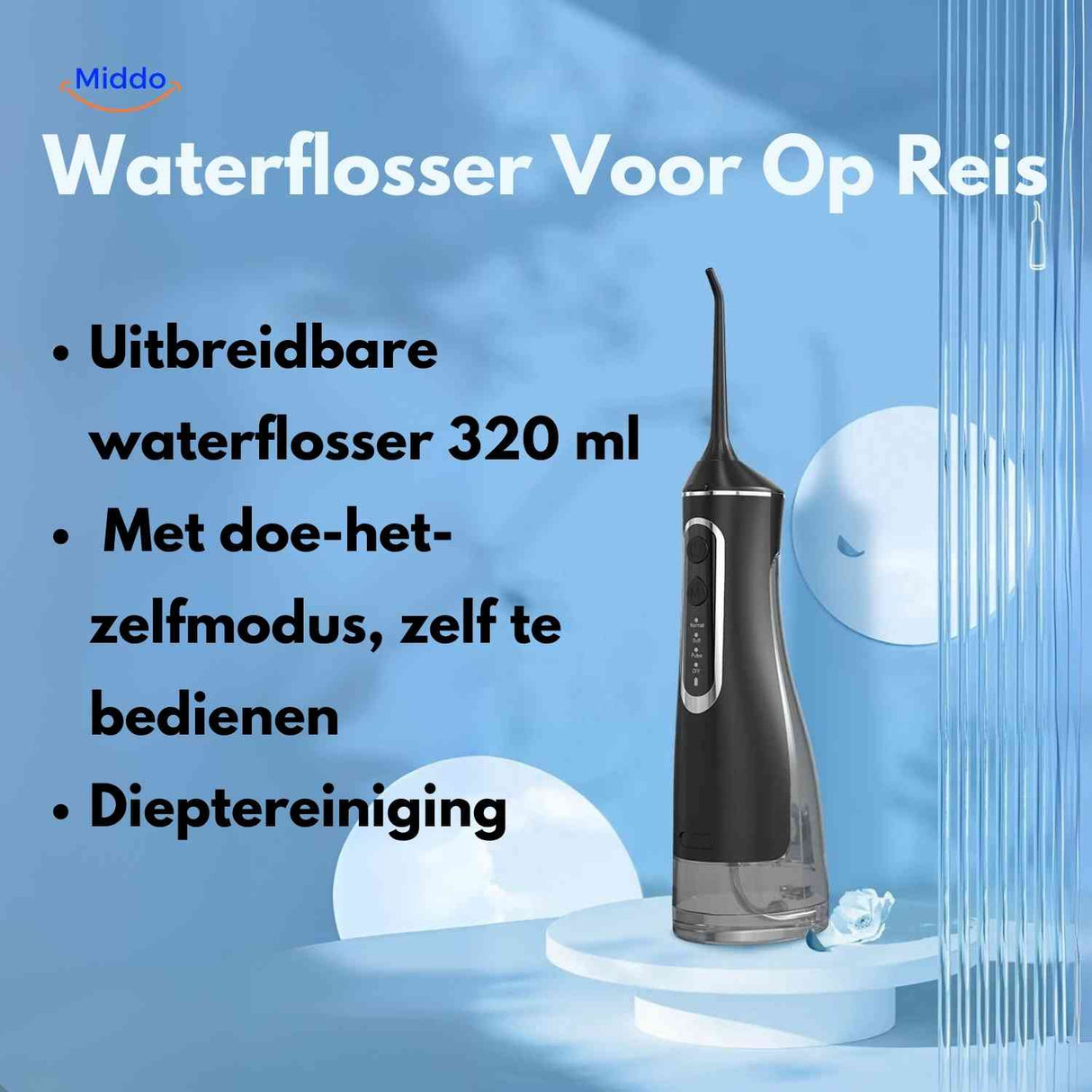 Cordless water flosser in compact 320ml travel size with expandable design.