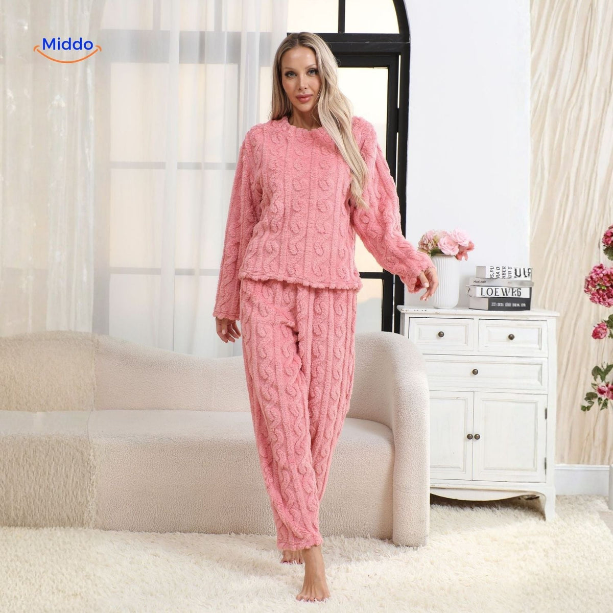 CosyLuxe pink fleece pajama set with long-sleeve top and matching pants