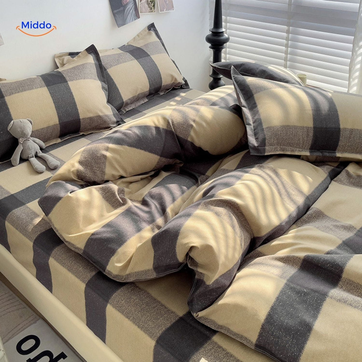 Pure cotton bedding with large plaid check design, soft and durable.
