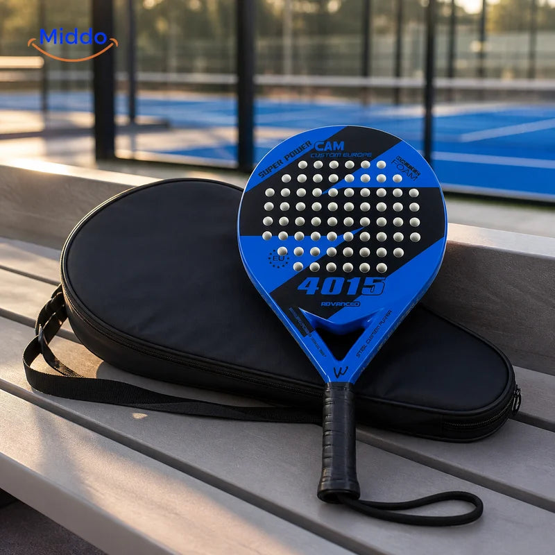 CourtMatch carbon padel racket with protective carry bag on a padel court
