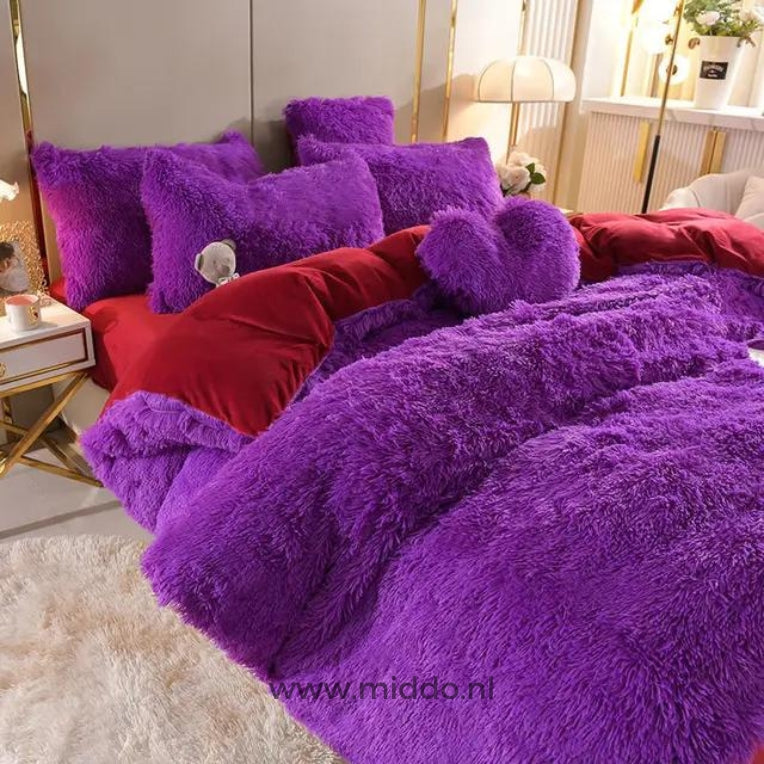Purple teddy fleece bedding set with plush comfort and included free heart pillow