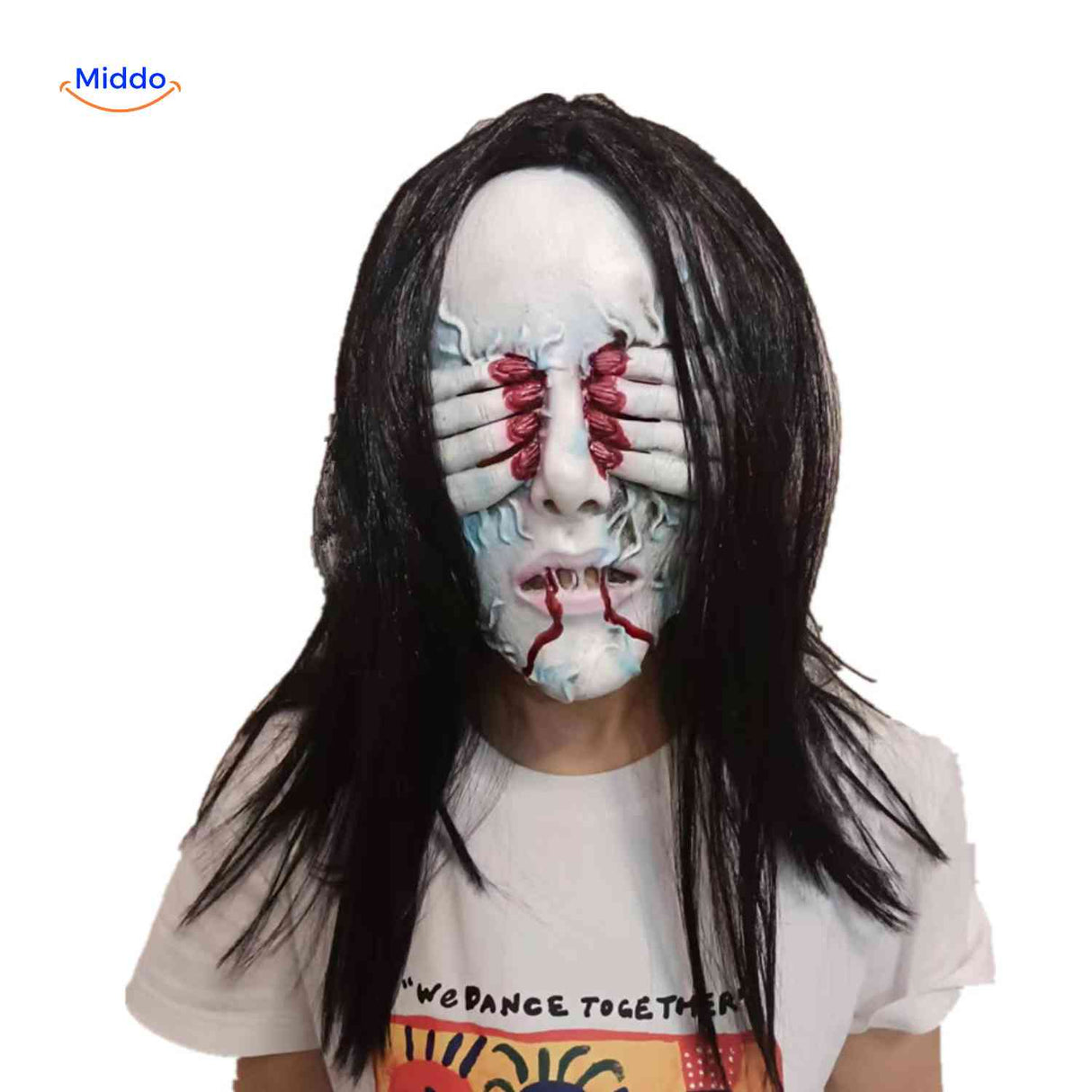 Creepy mask with bloody hand-eyes and torn teeth for terrifying effect.
