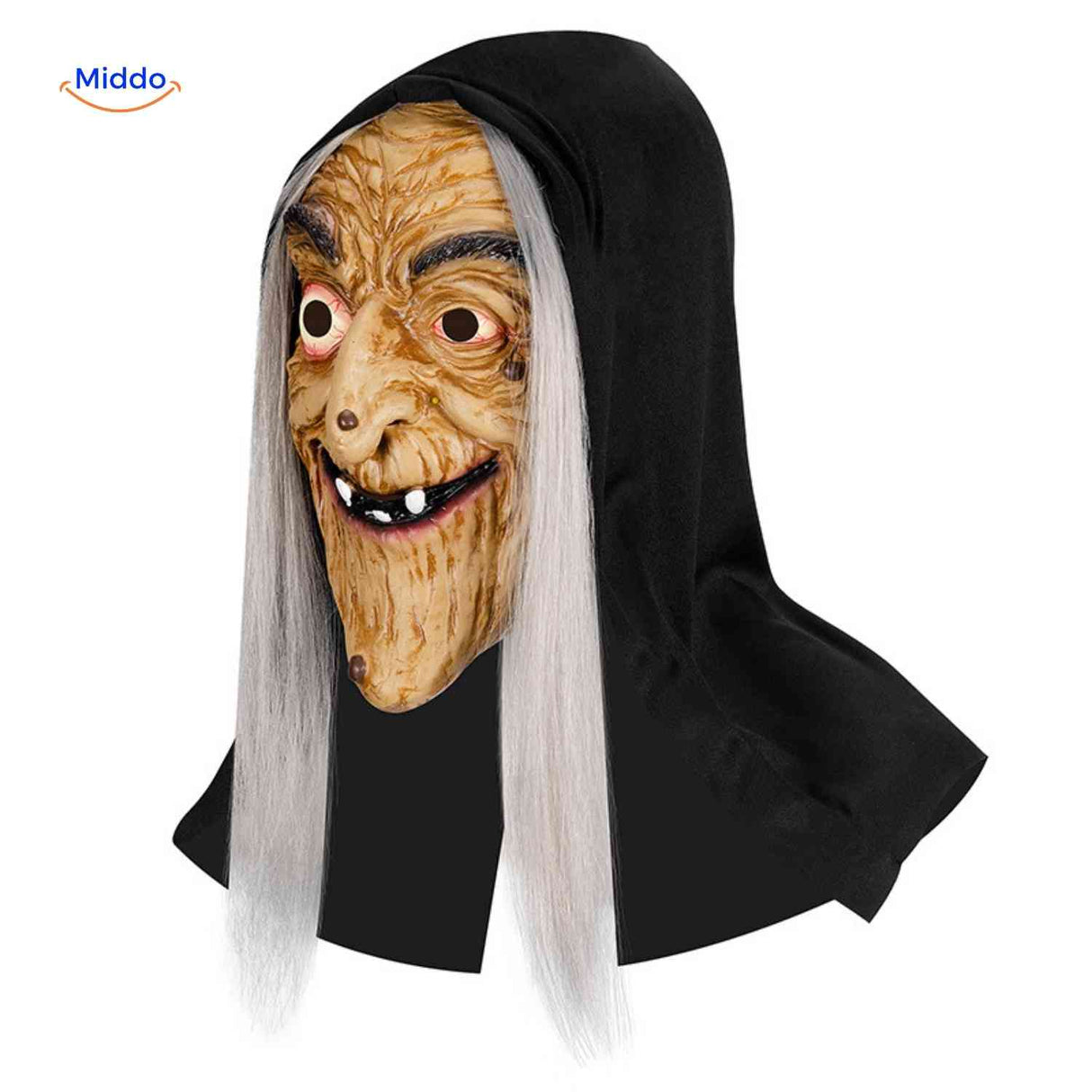 Creepy witch mask with long gray hair for Halloween.