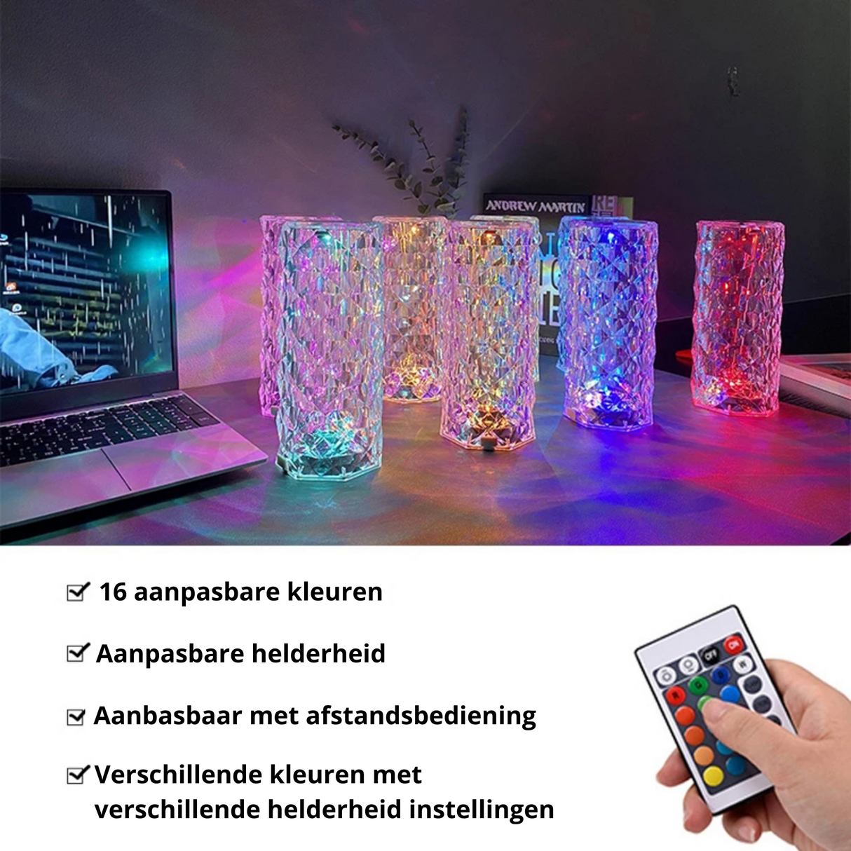 Remote control operated crystal table lamp for convenient color changes