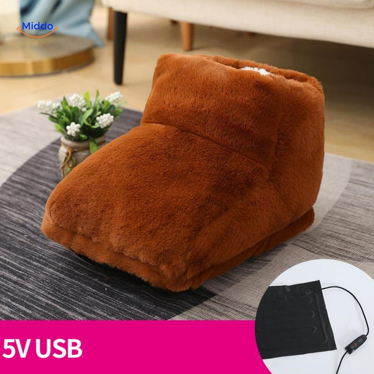 Dark brown USB heated foot warmer for cozy evenings.