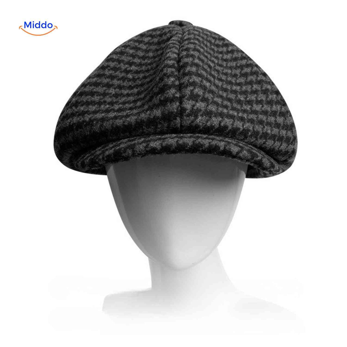Dark gray houndstooth wool flat cap with timeless vintage pattern.