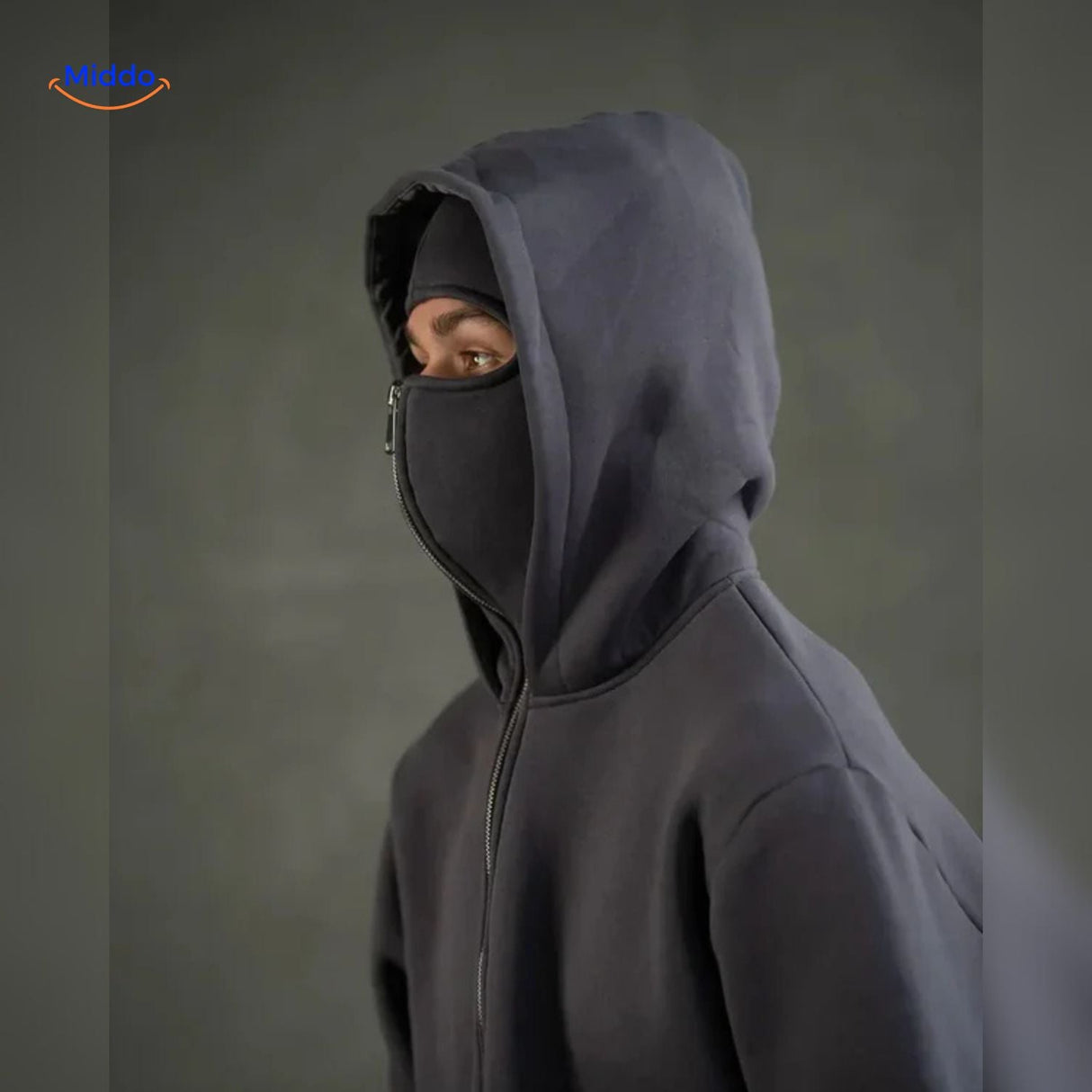 Dark grey double-hood hoodie featuring full zip closure design.