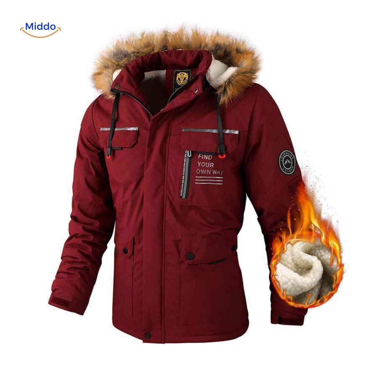 Dark red insulated men's parka with fur collar and chest print.