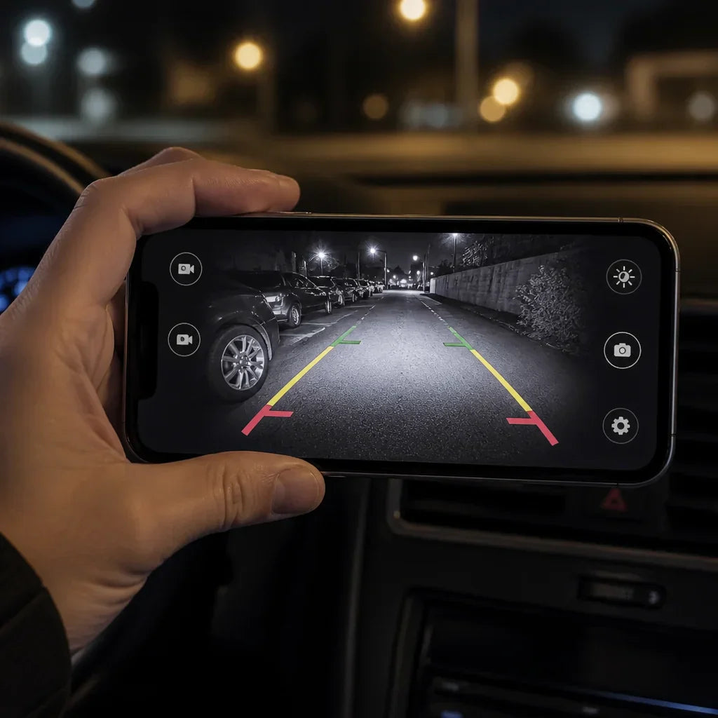 Smartphone app interface displaying crystal-clear night vision feed from wireless dashcam camera.