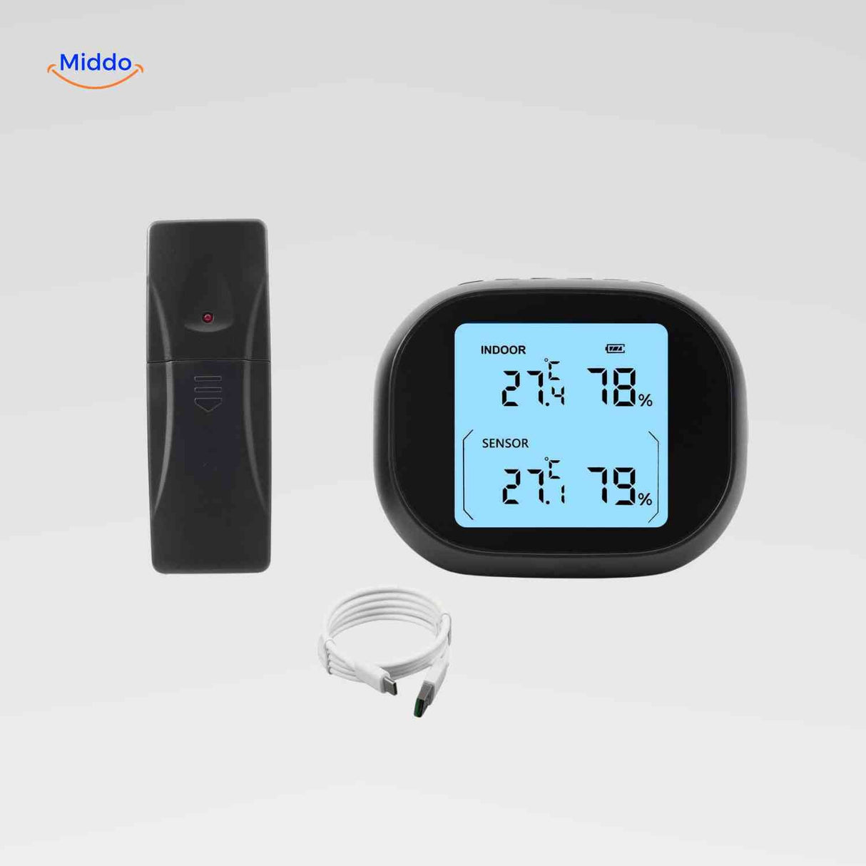 Digital thermometer-hygrometer with wireless sensor for accurate temperature monitoring.
