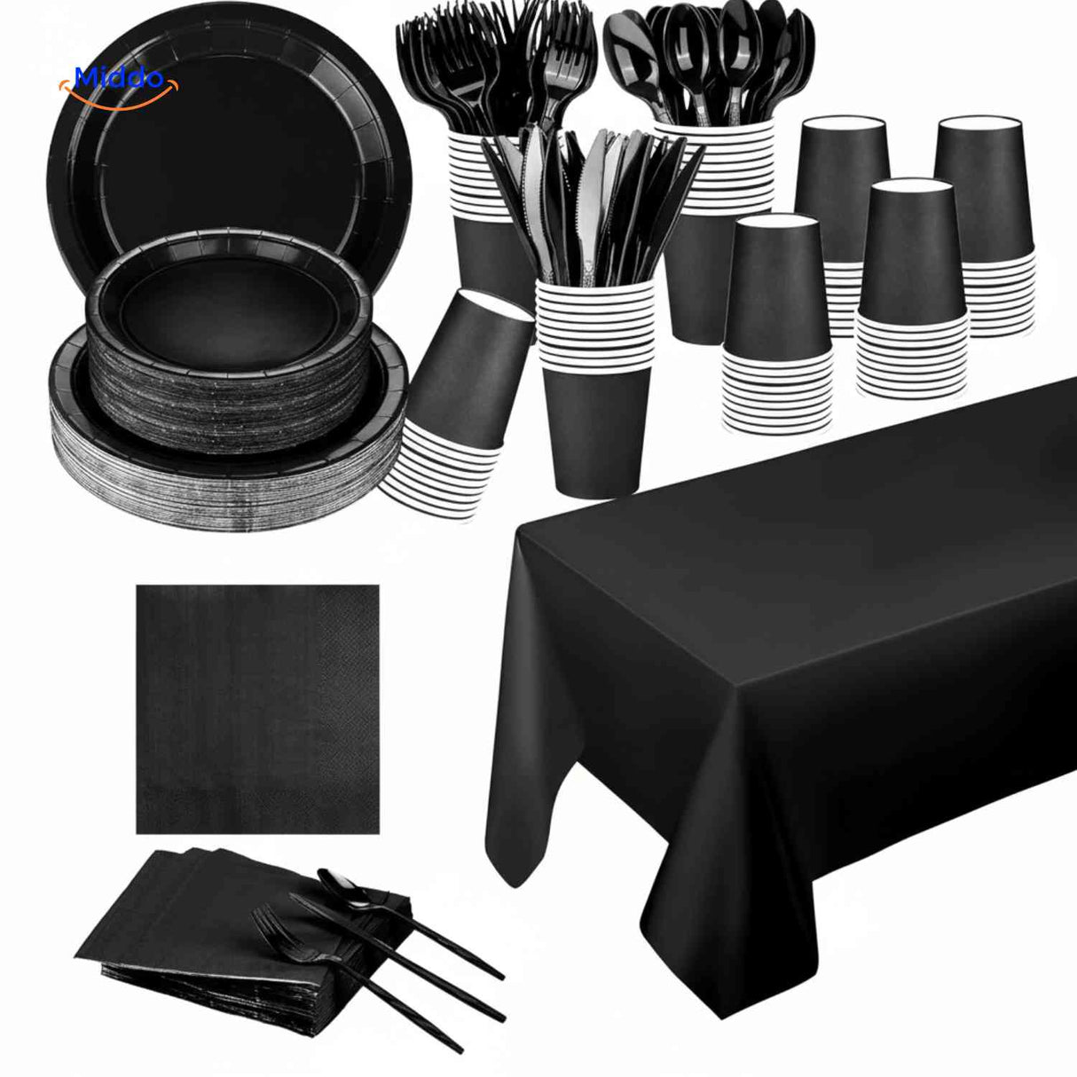 Black disposable party tableware set with elegant plates, cups, cutlery, and servies.