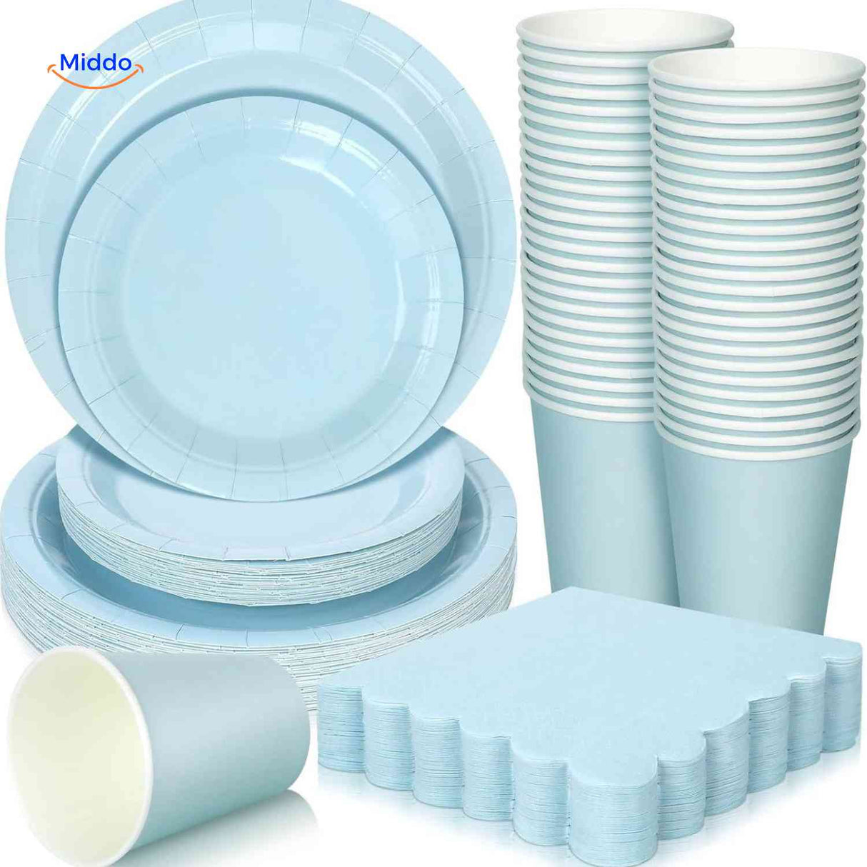 Light blue disposable party tableware set with matching plates, cups, and cutlery pieces.