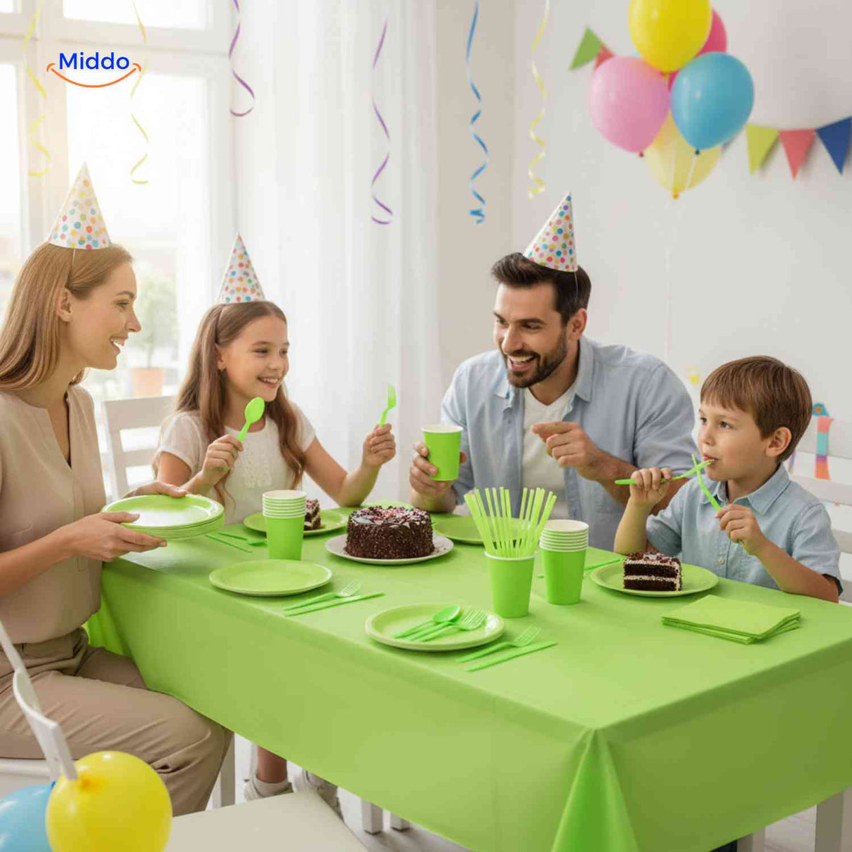Green disposable party tableware set with plates, cups, cutlery, and coordinating colors.