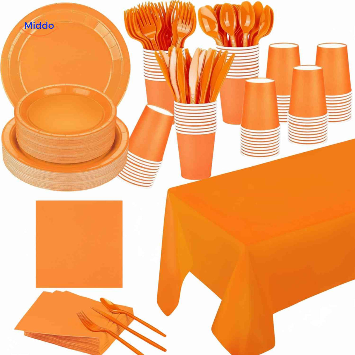 Orange disposable party tableware set with matching plates, cups, cutlery, and servies.