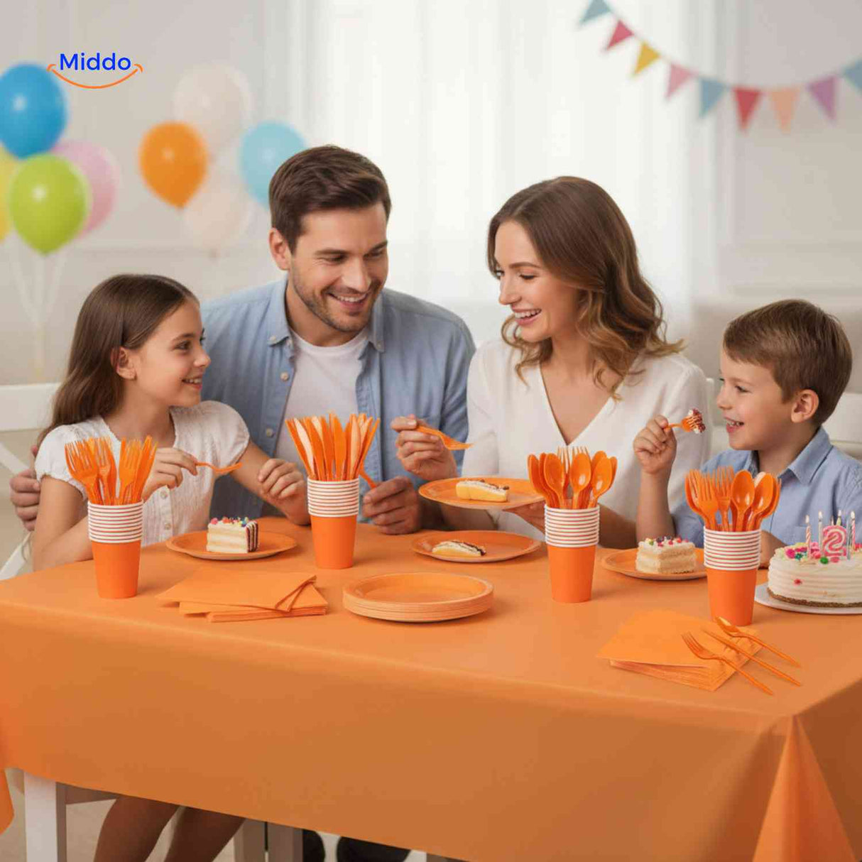 Orange disposable party tableware set with plates, cups, cutlery for colorful celebrations.
