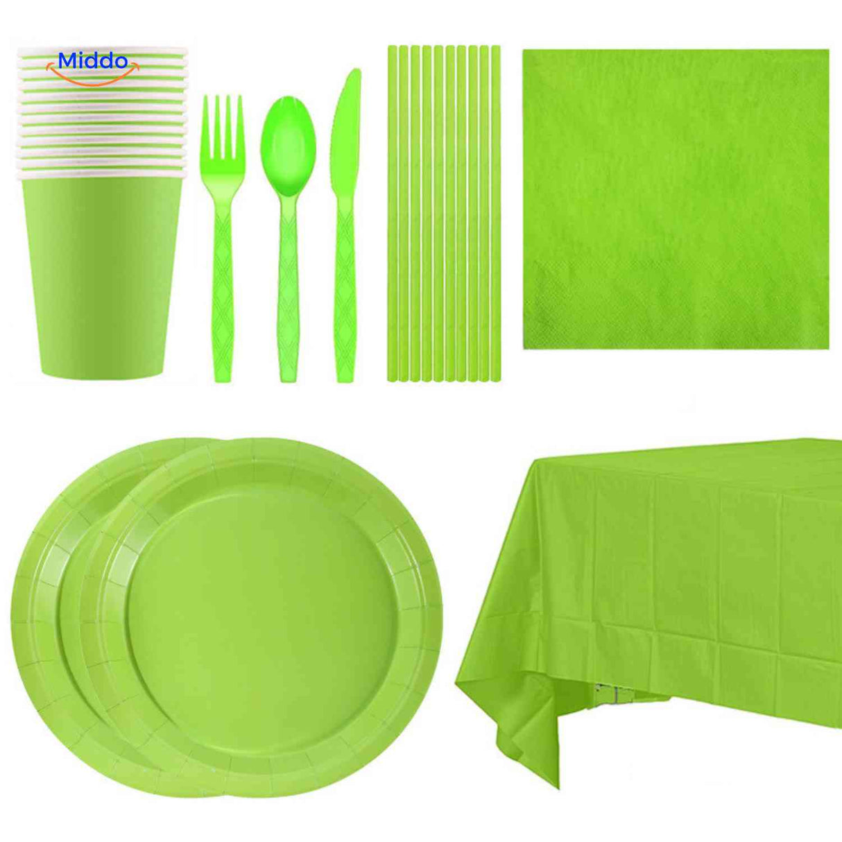 Complete disposable party tableware set including plates, cups, cutlery, and tablecloth.