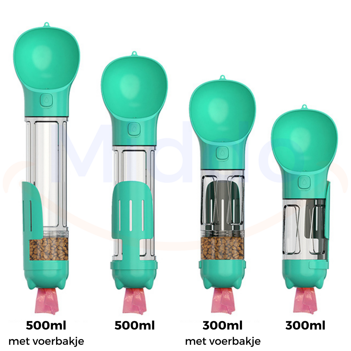 Blue dog water bottle in 300ml and 500ml capacity sizes.