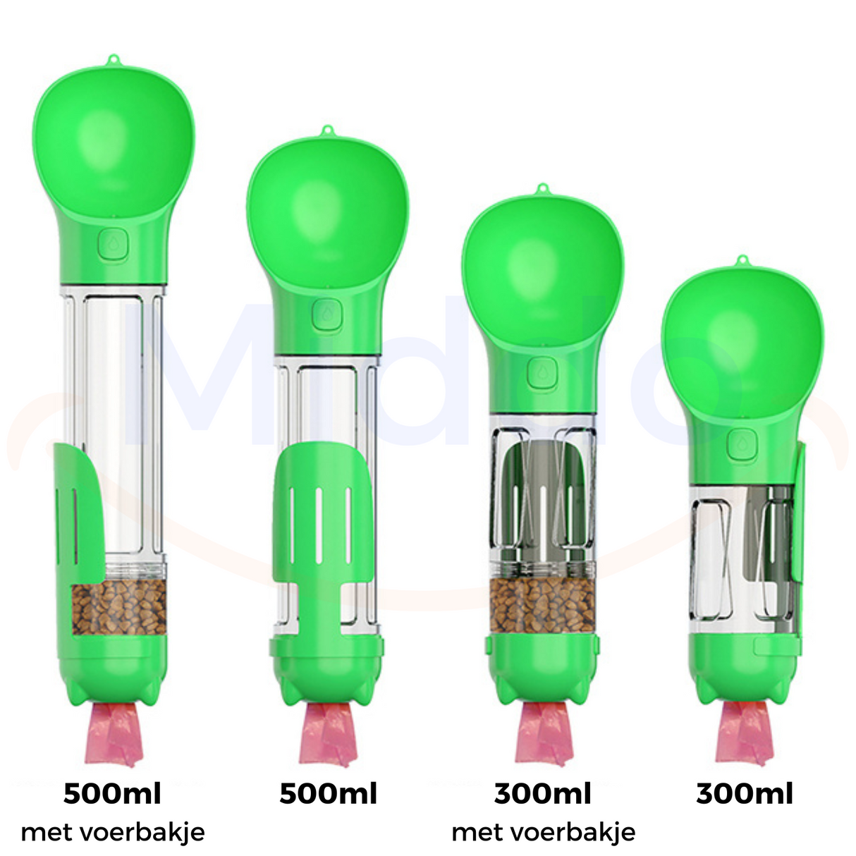 Green dog water bottle in 300ml and 500ml capacity sizes.