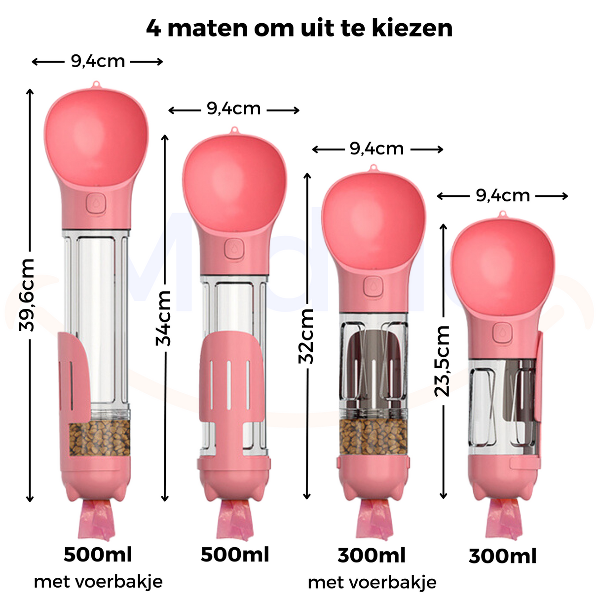 Pink dog water bottle showing dimensions and measurement specifications.