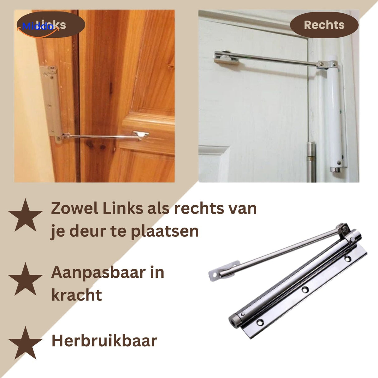 Hydraulic door closer works on both left and right-opening doors.