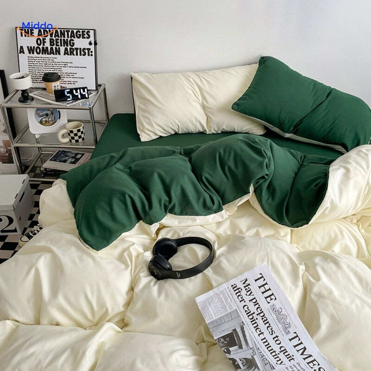 Soft cotton dorm bedding set in blue and cream displayed on bed