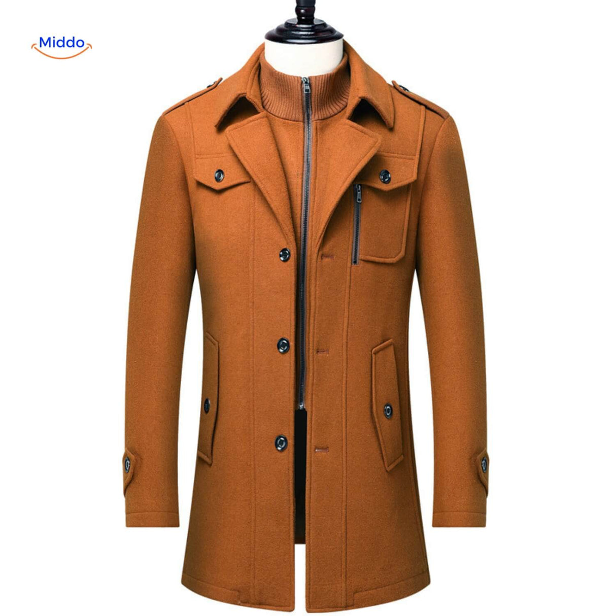 Double-collar wool coat in warm brown, full-length view with heritage British styling.