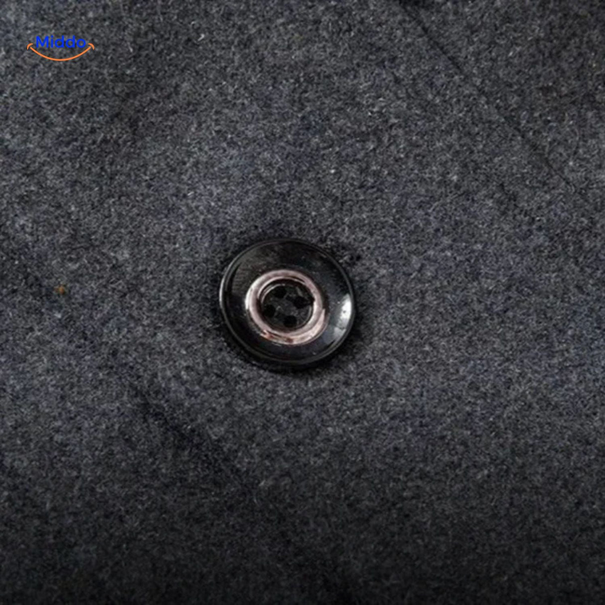 Close-up of the buttons on the grey wool coat showing quality button finish and stitching.