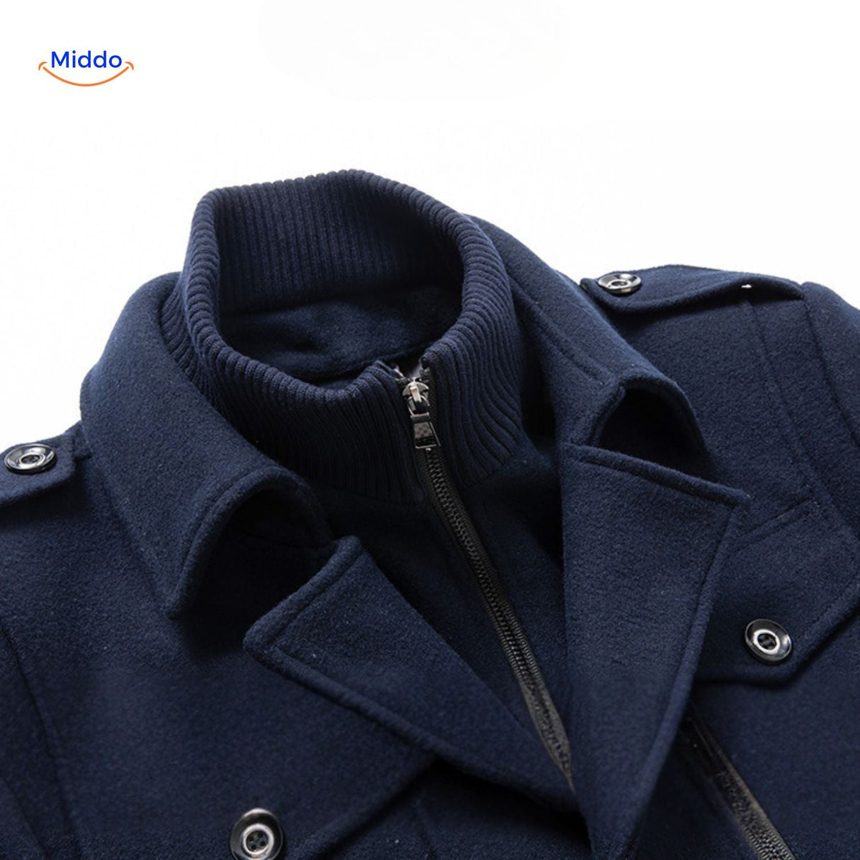 Close-up of the double collar on the dark navy wool coat showing the layered collar construction.
