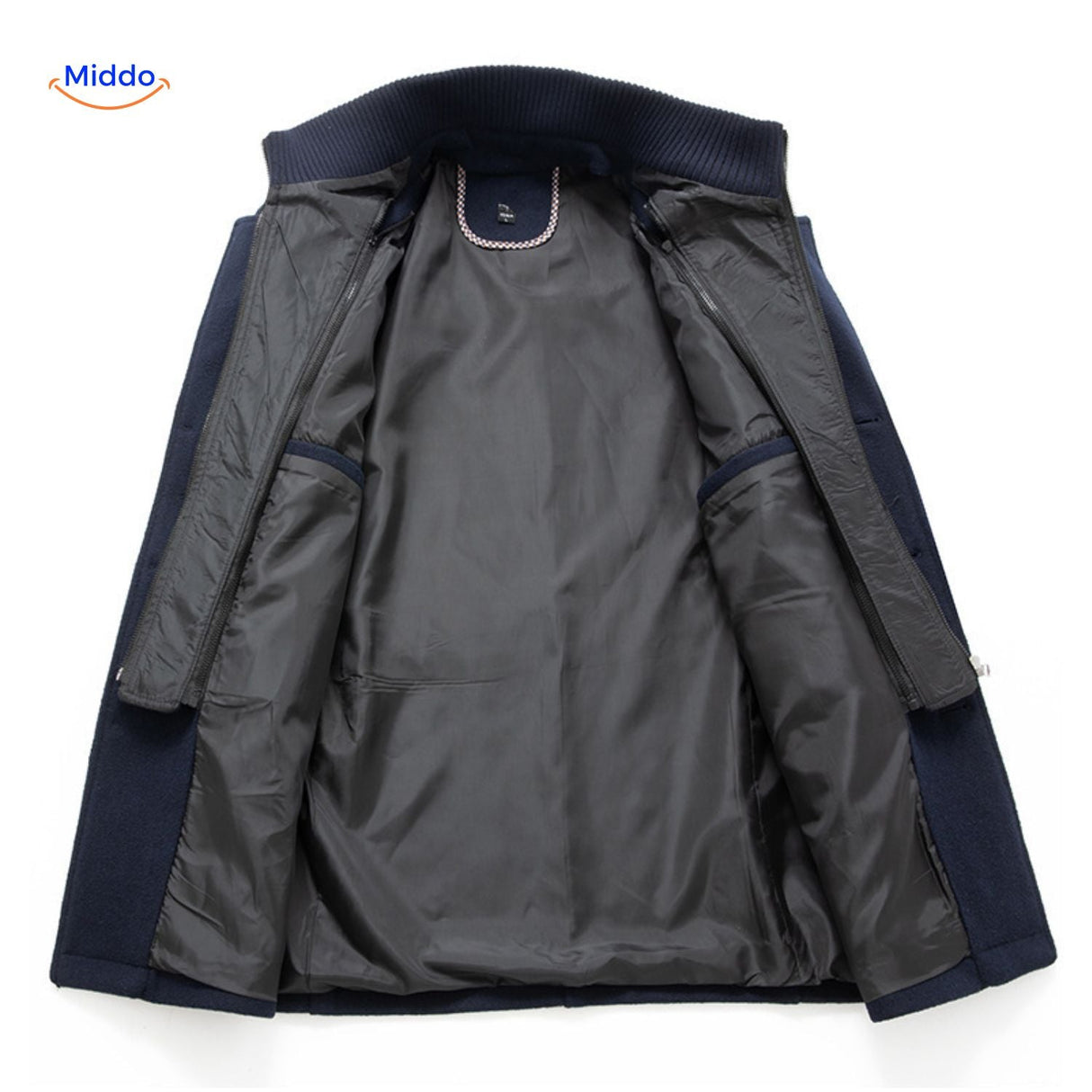 Interior lining of the dark navy wool coat showing the inner fabric finish and seam details.