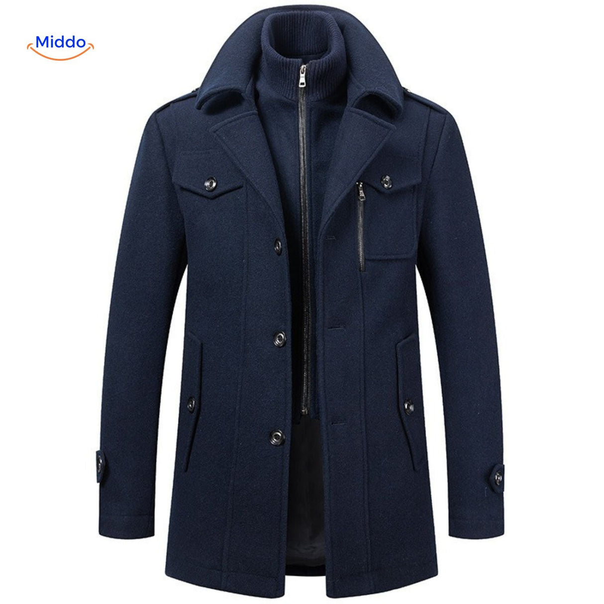 Double-collar wool coat in dark navy blue, full-length front view showing tailored fit.