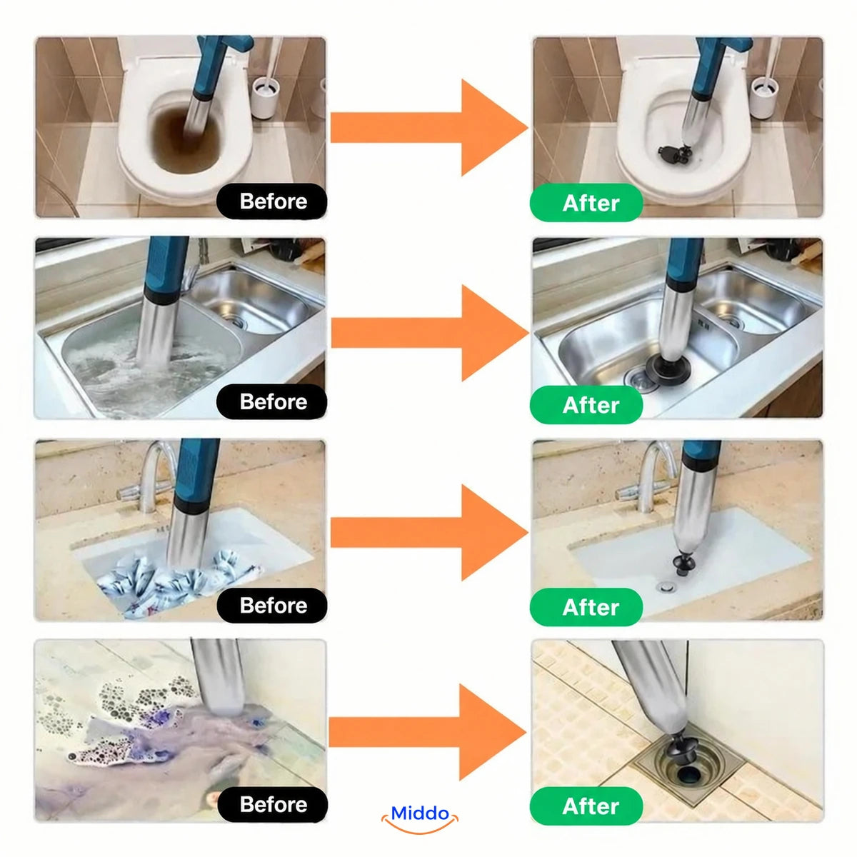 Before-and-after drain-clearing examples for toilets, sinks, and floor drains.