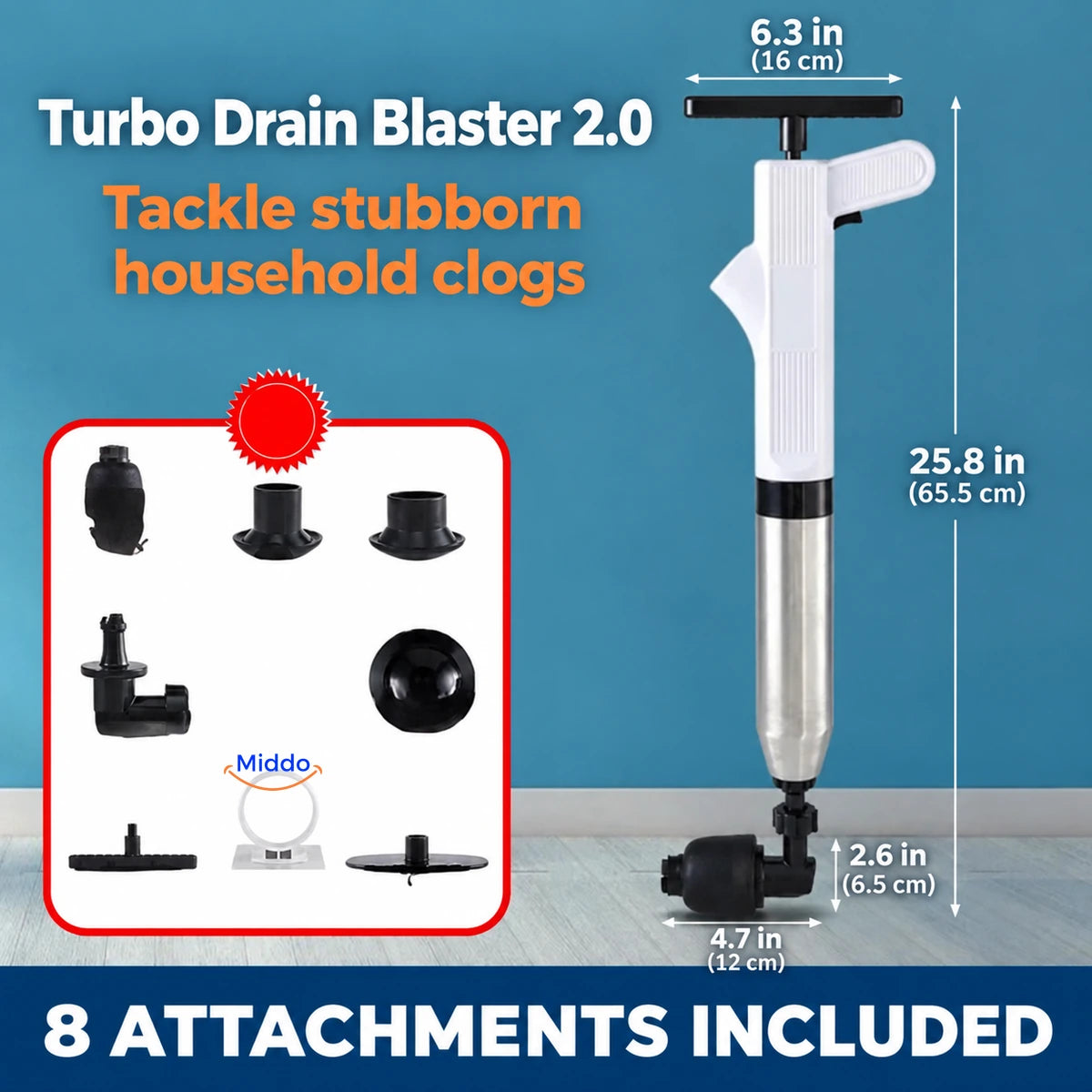 White Turbo Drain Blaster 2.0 with eight attachments and dimensions in inches.