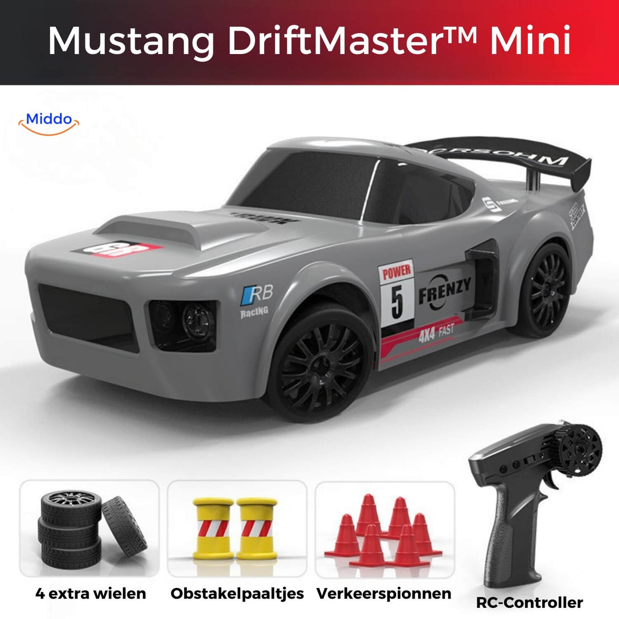 Drift RC car with Mustang body style in grey, shown from the side