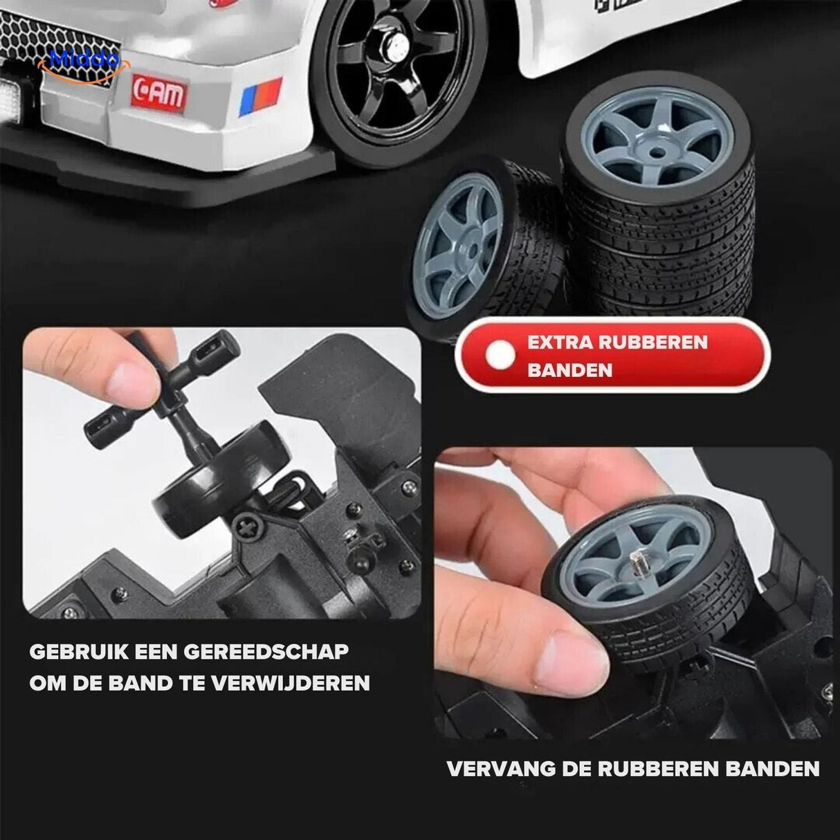 Drift RC car replacement tires and included tool for swapping wheels shown together
