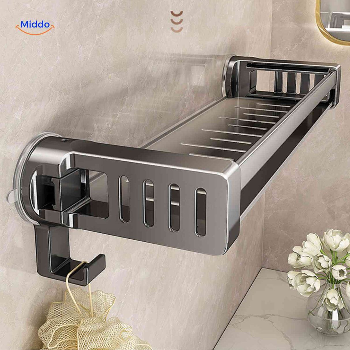 Dual-tier cream suction shelf with towel and bottle storage.