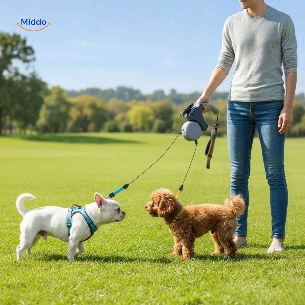 Two dogs in a park demonstrating the tangle-free dual leash design.