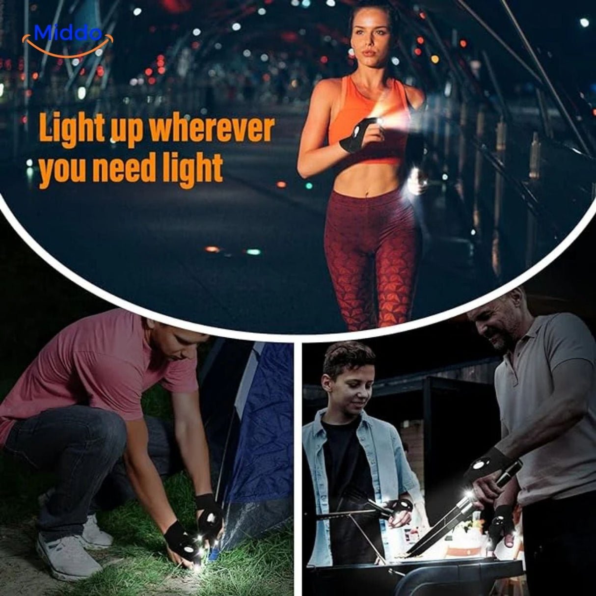 Dual LED gloves showcasing the bright illumination feature for night activities.