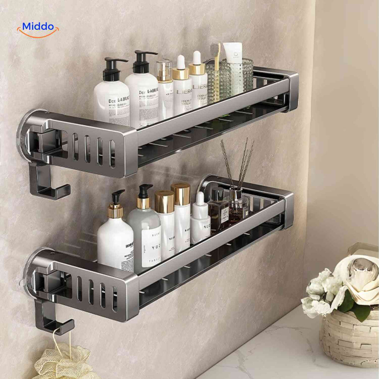 Dual-tier suction shelf for bathroom with bottle storage and hooks.