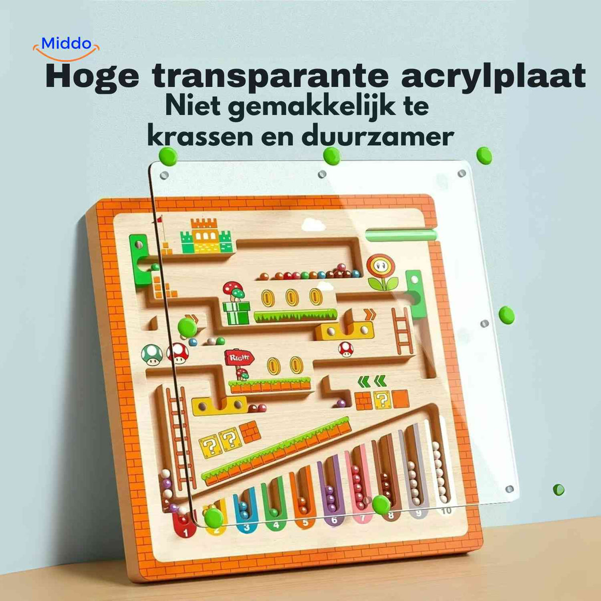 Durable wooden magnetic maze with acrylic protective top.