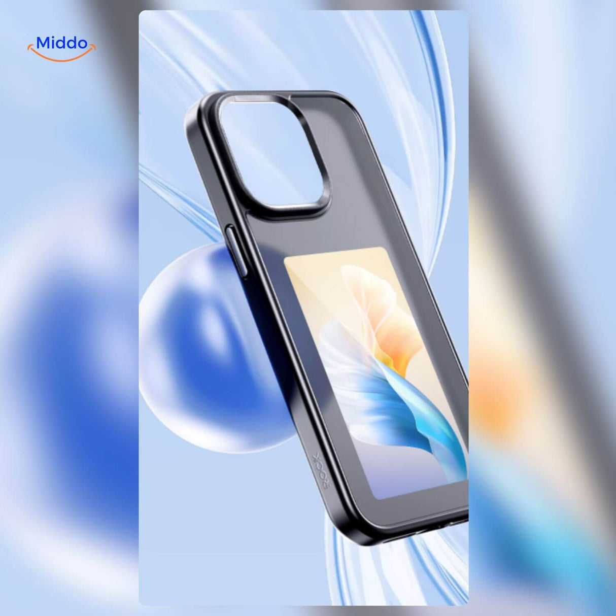 Black e-ink iPhone case with a transparent-background abstract image displayed on the custom e-paper display.
