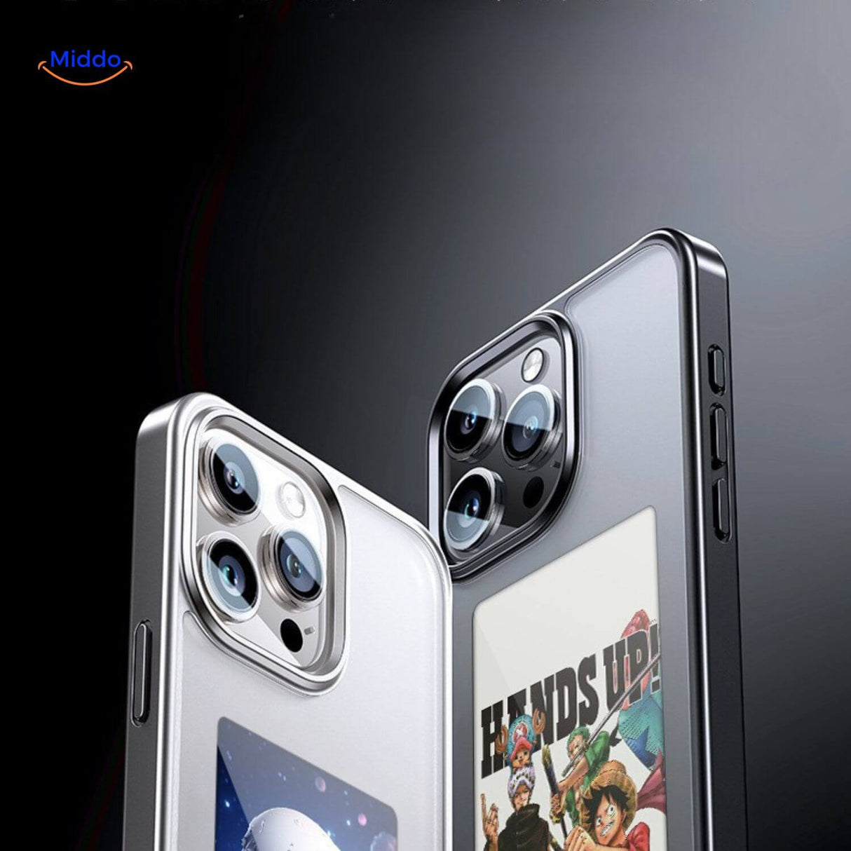 Black e-ink iPhone case displaying a custom cartoon animation character on the e-paper display.