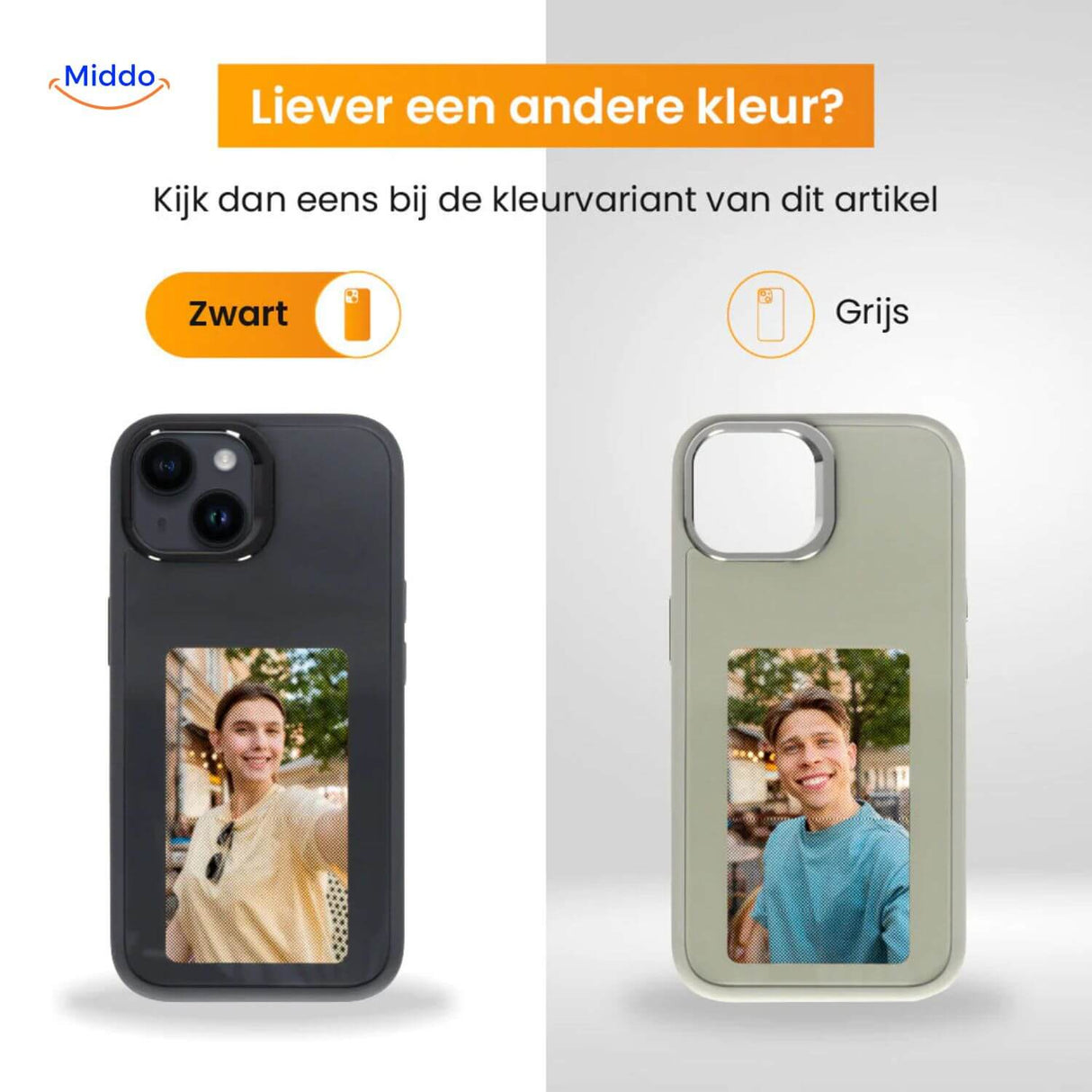 E-ink iPhone case in black showing a custom photo of a woman with her dog on the display.