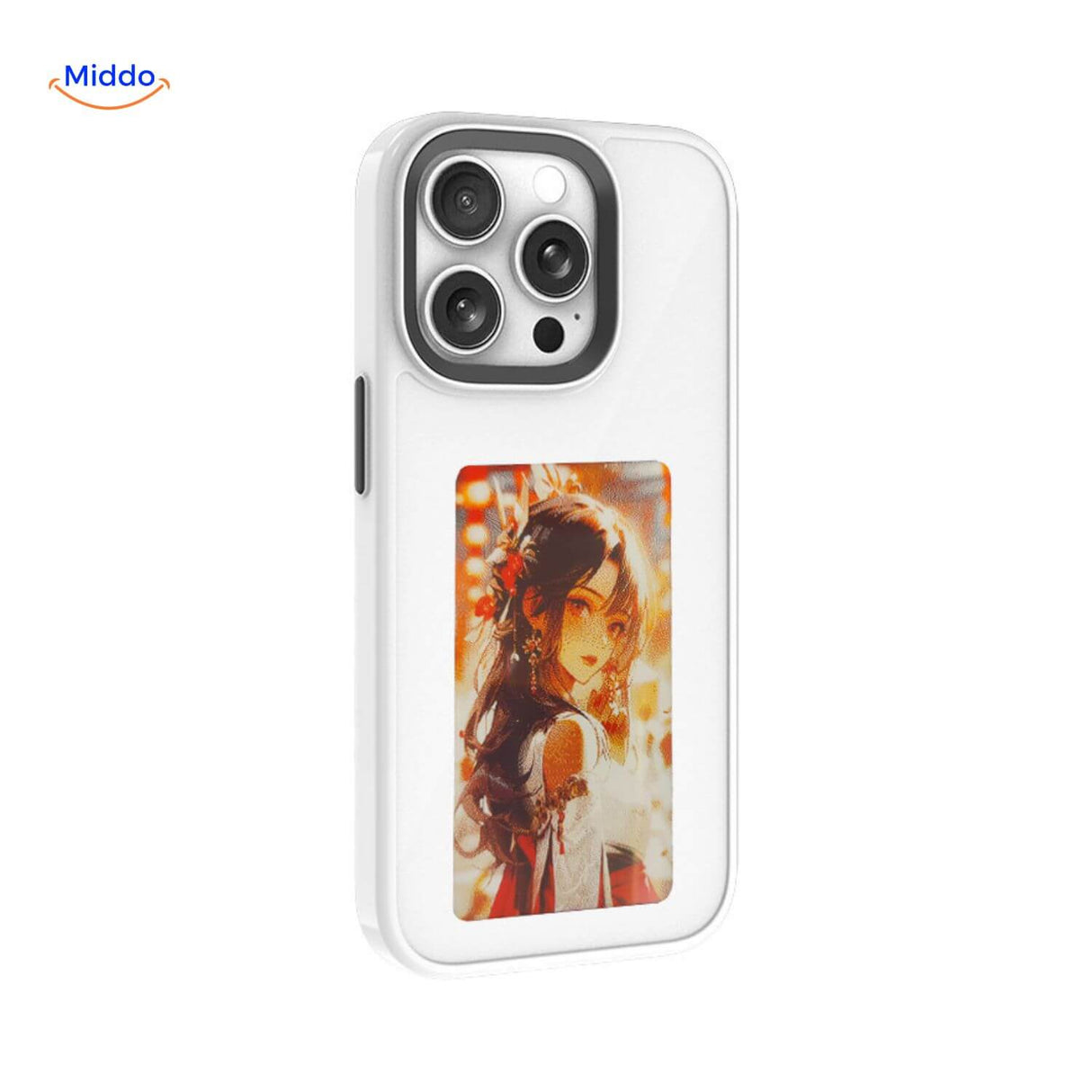 White e-ink NFC iPhone case with a personalized woman's photo shown on the customizable e-paper display.