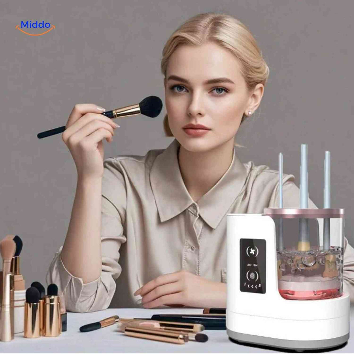 Electric brush cleaner with dual timer controls and five cleaning mode settings.