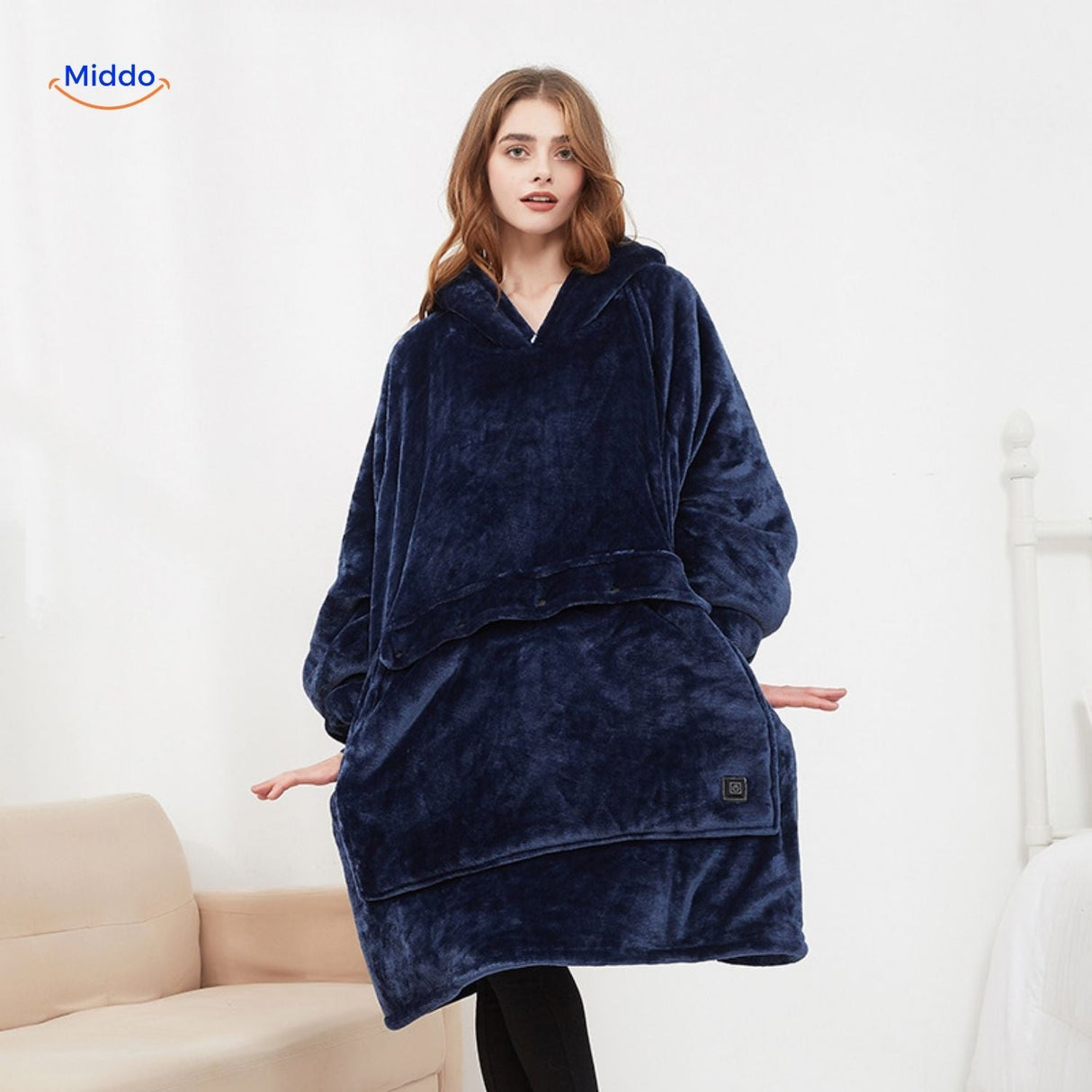 Electric heated sweater with USB rechargeable connection shown from front angle.