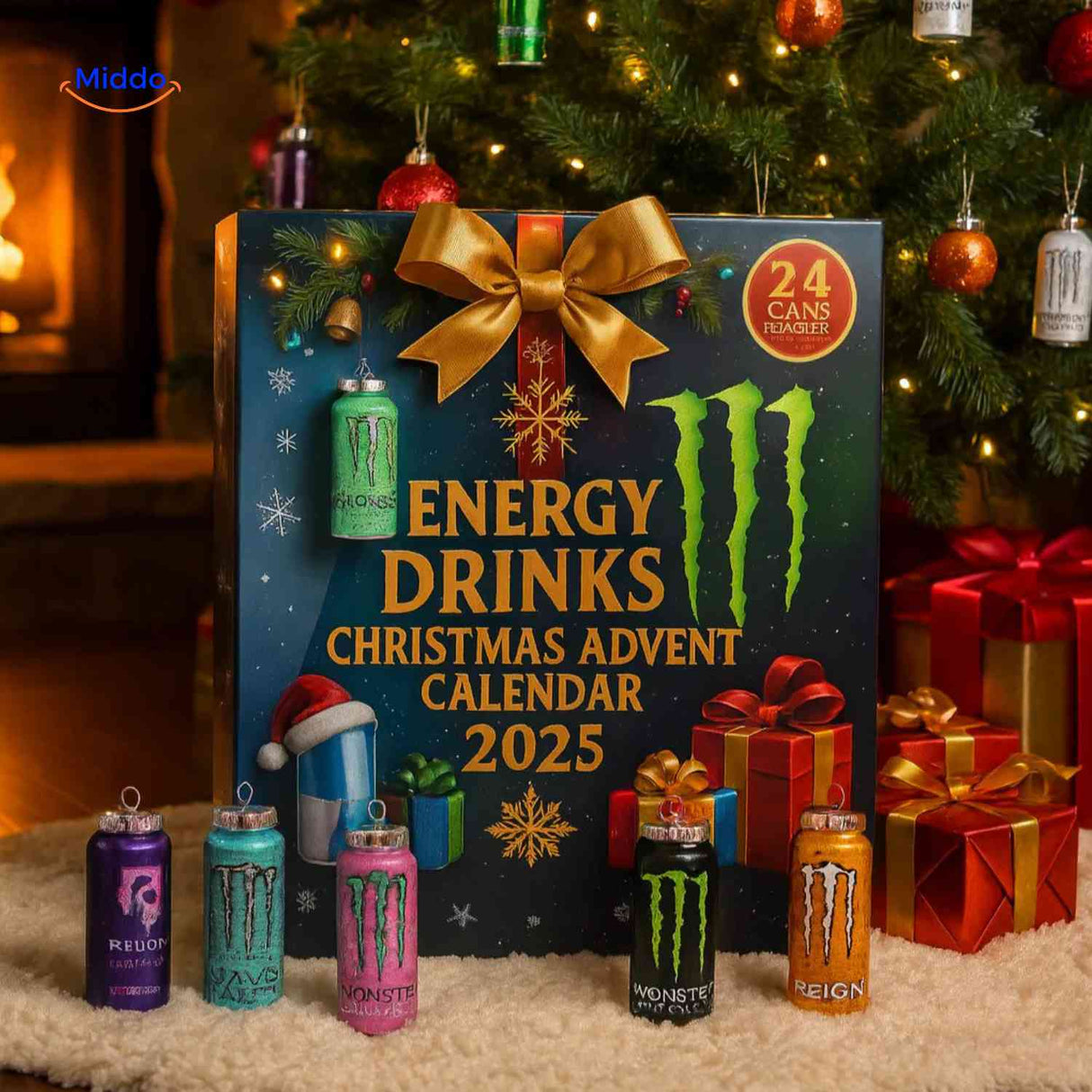 Energibox advent calendar styled with festive Christmas decorations.