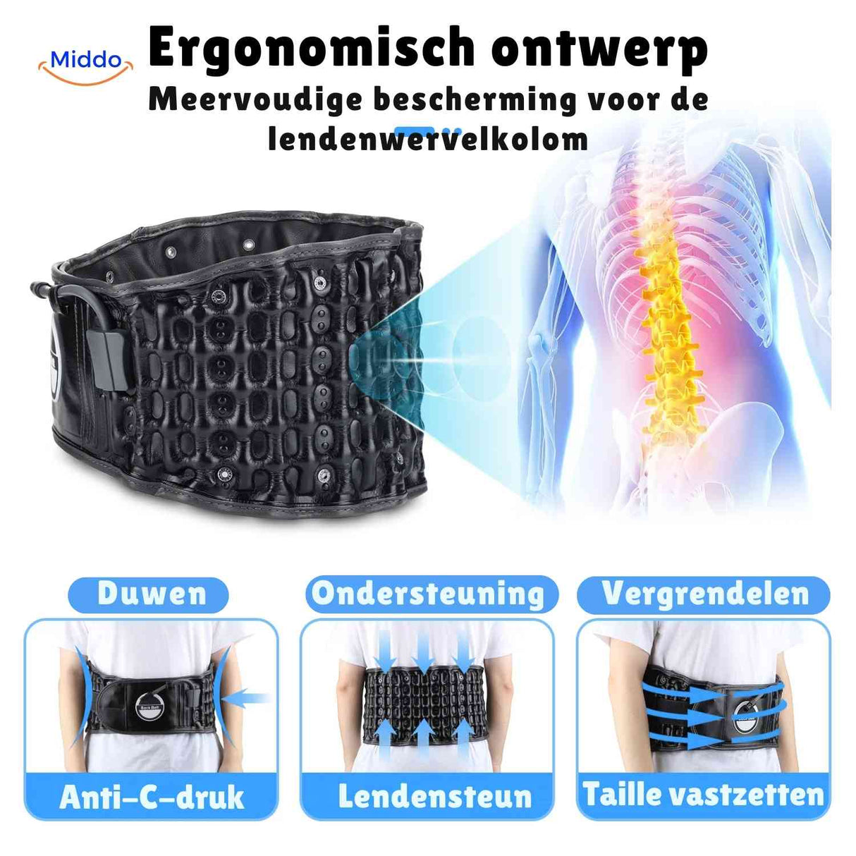 Ergonomic back brace design with multi-point lumbar protection system.